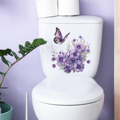Mor renkli Çiçek Kelebekler Tuvalet Etiketi Çıkarılabilir Kendinden yapışkanlı Su Geçirmez PVC Oturma Odası Duvar Sanatı Banyo Tuvalet Kapağı Dekorasyon Çıkartması