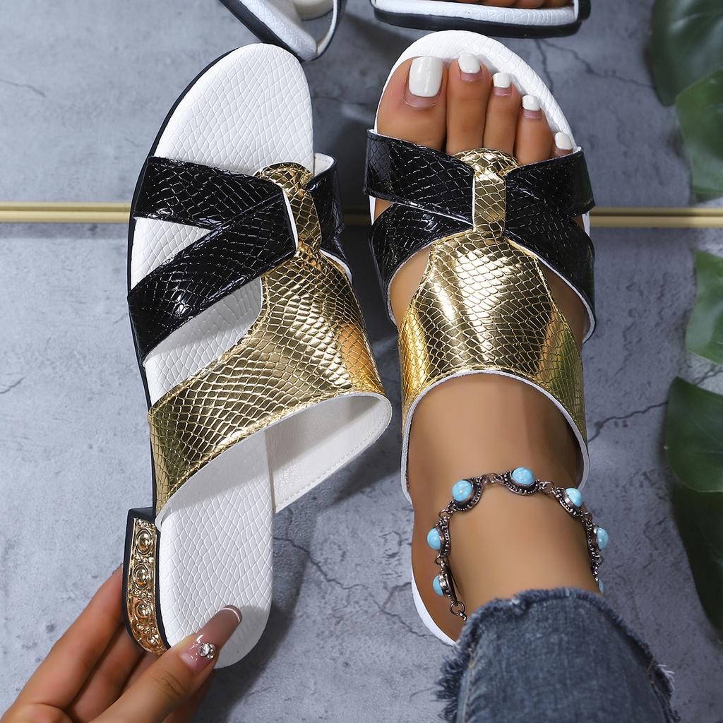 Golden Open Flat Women Shoes Leather Slip-On Sandals Bathroom Slippers Beach Footwear Comfortable Sandals for Women Slides Women