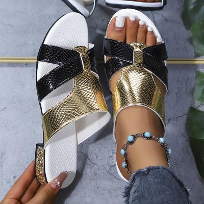 Fashion Golden Open Flat Women Shoes Leather Slip-On Sandals Bathroom Slippers Beach Footwear Comfortable Sandals for Women Slides Women