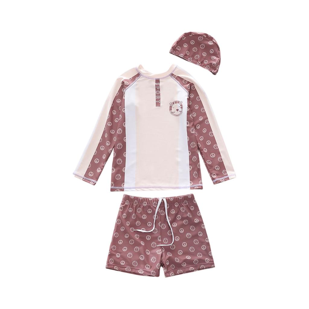 Boys Three Piece Swimwear Set Long Sleeve Rash Guard Swim Shirt Swim Shorts and Swim Cap Cartoon Print Lightweight Quick Dry