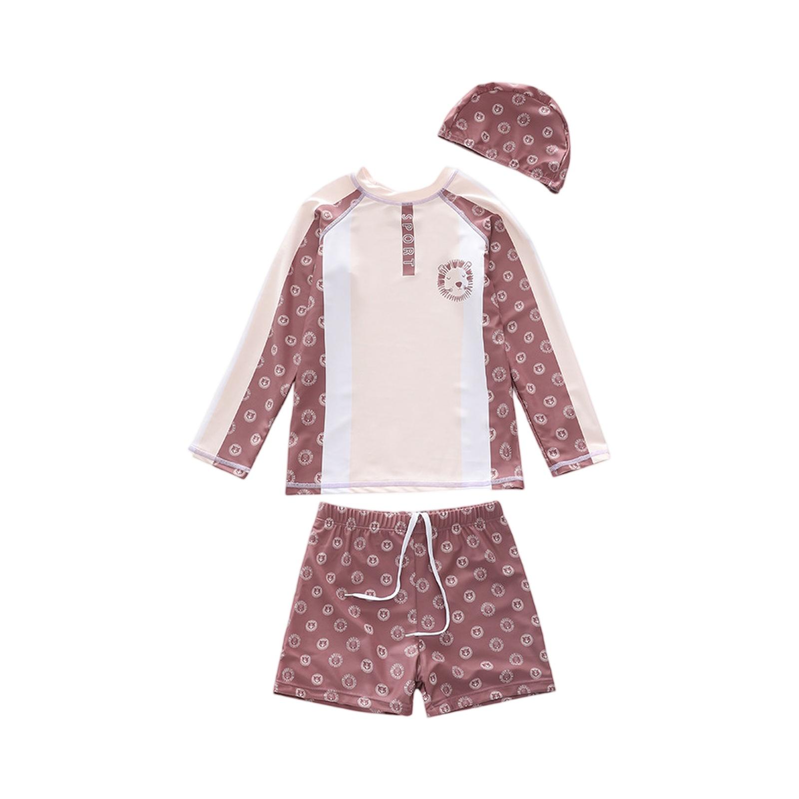 Boys Three Piece Swimwear Set Long Sleeve Rash Guard Swim Shirt Swim Shorts and Swim Cap Cartoon Print Lightweight Quick Dry L