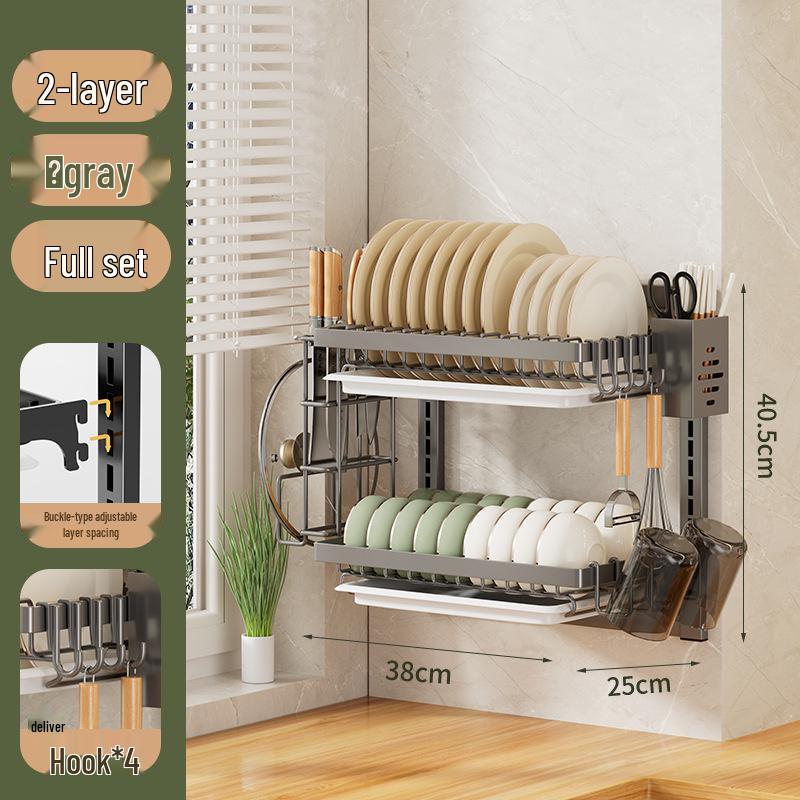 No-Punch Wall-Mounted Dish Drying Rack with Plate and Chopsticks Holder