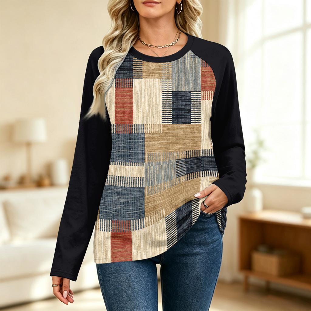 Women's Printed Colorblock Raglan Sleeve Neck Long Sleeve Sweatshirt