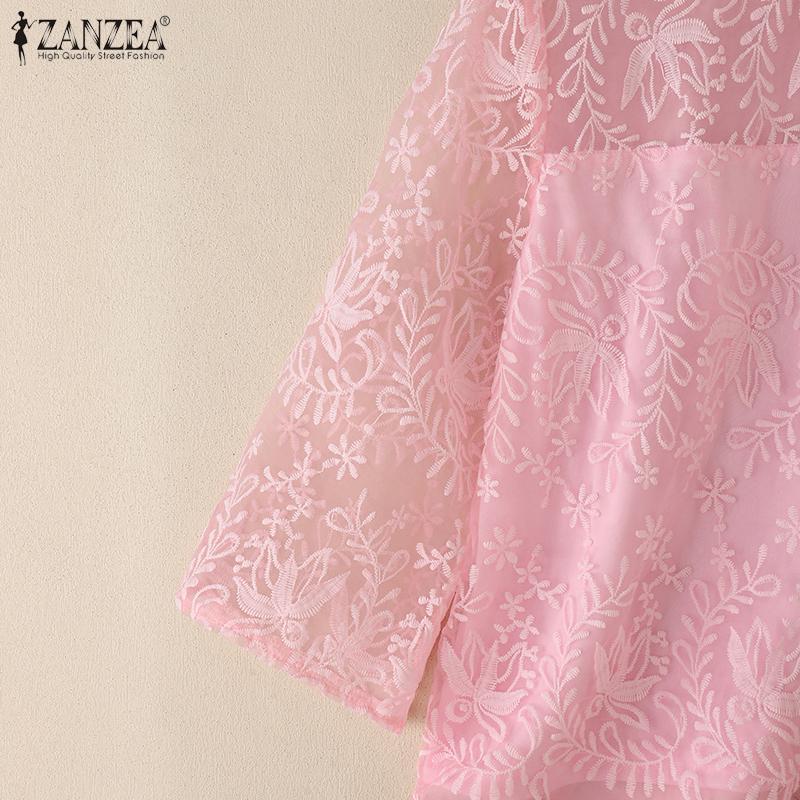 ZANZEA Damska letnia codzienna bluzka z rękawem 3/4, z haftowanym koronkowym patchworkiem