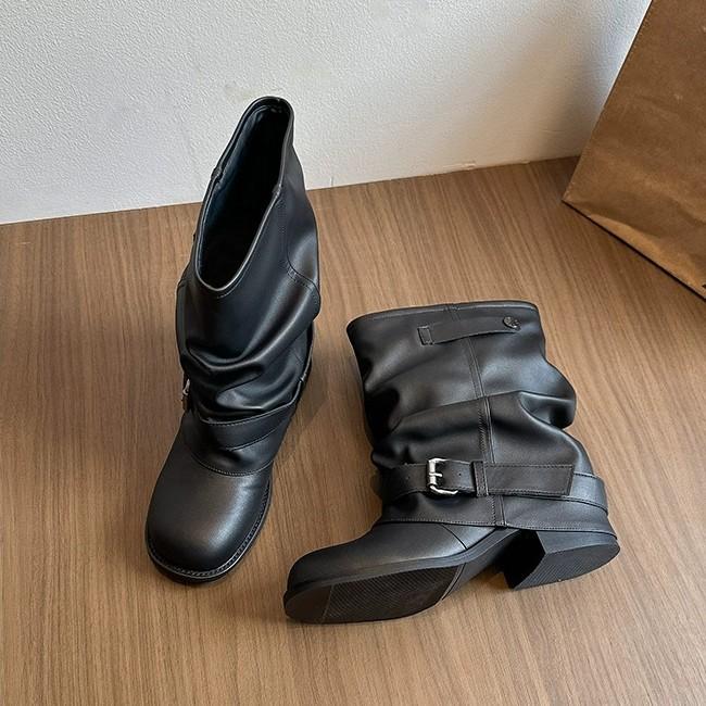 Spot second hair new round head thick heel ancient western cowboy short boots pleated trousers inner heightening pile boots women's summer