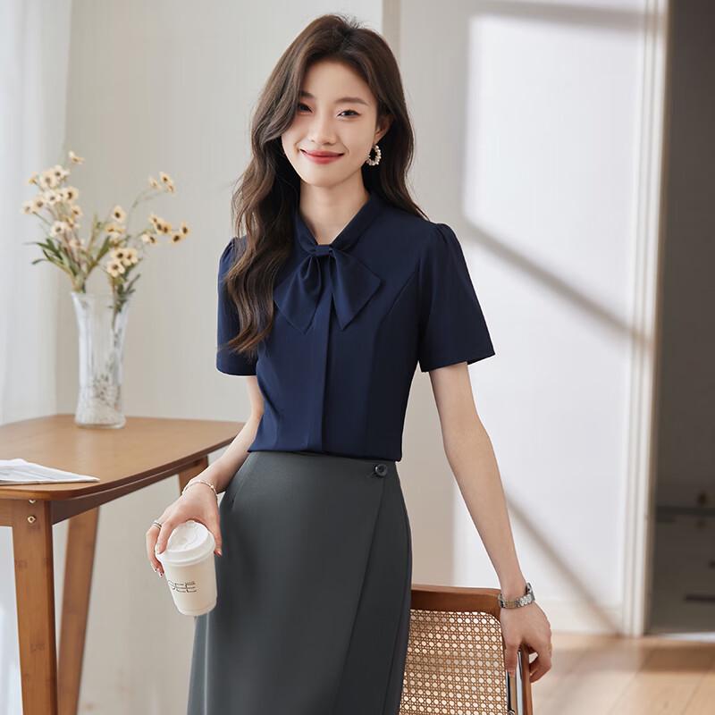 Women s Short Sleeve Bow Tie Blouse L