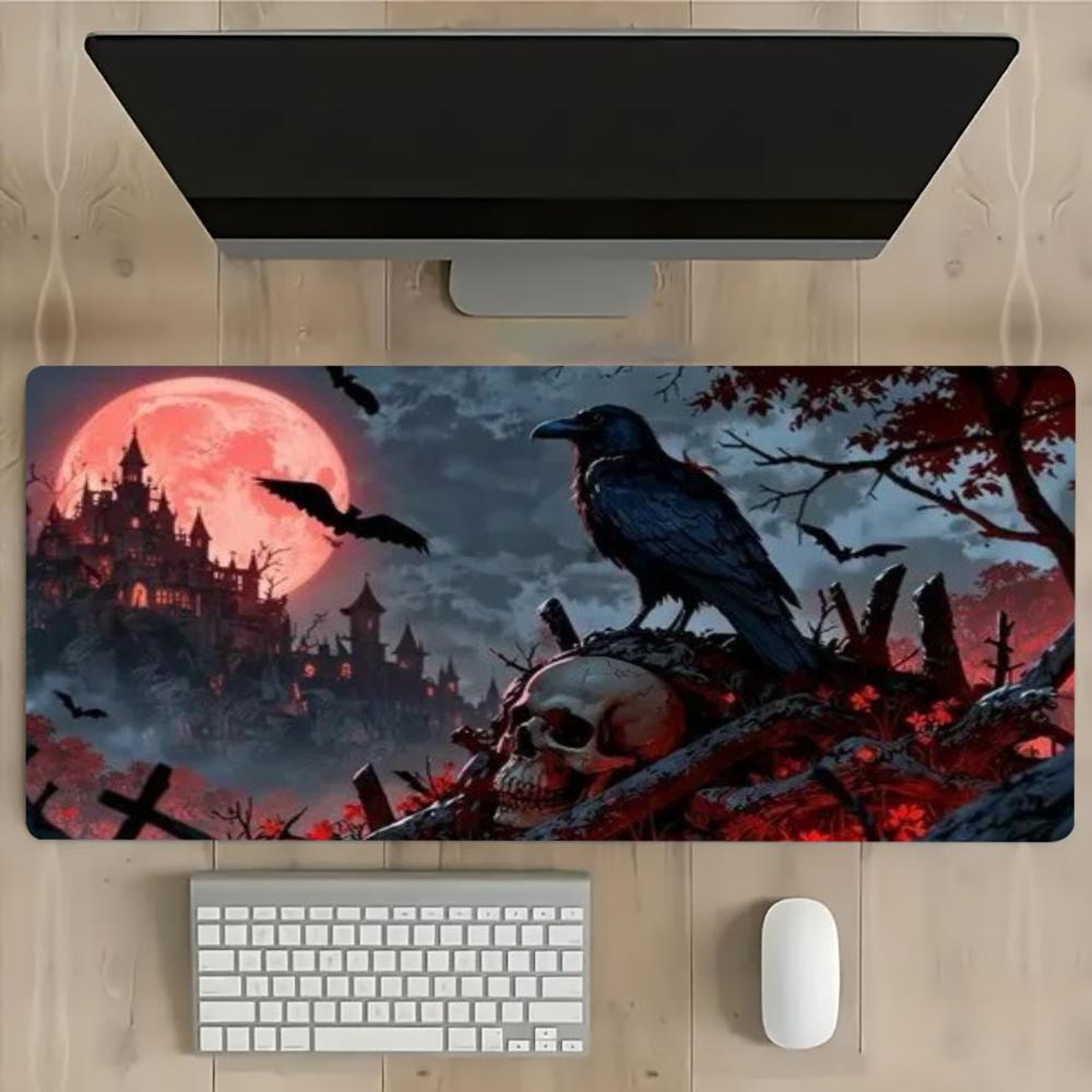 Large Gaming Mouse Pad Horror Red Blood Moon Crow Skull Forest Non Slip Stitched Edge Desk Mat Pc Laptop Office Gamer Decor