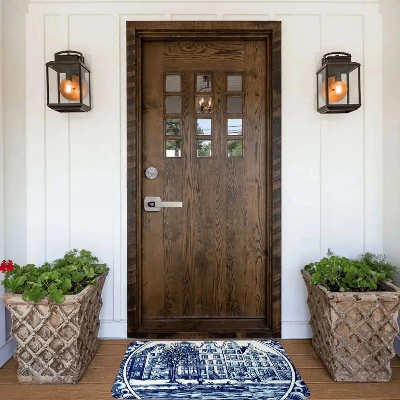 Retro Non-slip Rug Doormat Living Room Mat DUTCH BLUE DELFT Vintage Boats In Canal Amsterdam Print Floor Carpet Home Decorative