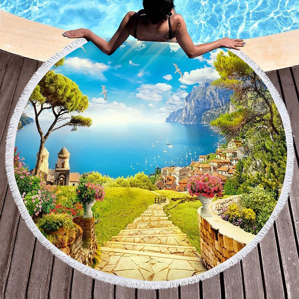 Beautiful Garden Floral Round Beach Towel, Microfiber Circle Beach Towels Quick Dry Beach Throw Blanket Sand Free Pool Towels