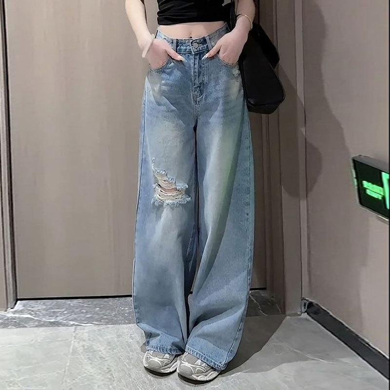 2025 Women s High Waist Loose Fit Retro Ripped Jeans: Plus Size Straight Leg with Floor-Length Wide Leg. L