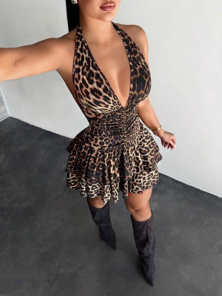 2026 Retro Leopard Print Backless Lace-up Slimming Short Dress