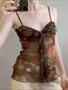 European & American Retro Print Spaghetti Strap Waist-Cinching Slim Bandeau Top