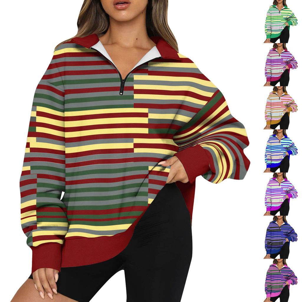 Dámská mikina Módní top mikina s dlouhým rukávem a pruhovaným potiskem do poloviny na zip