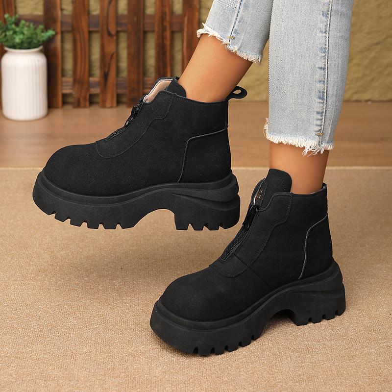 Black Slimming Lace-up  Boots for WomenNew Spring and Autumn British Style Height-Increasing Chunky Heel Low-Cut Boots