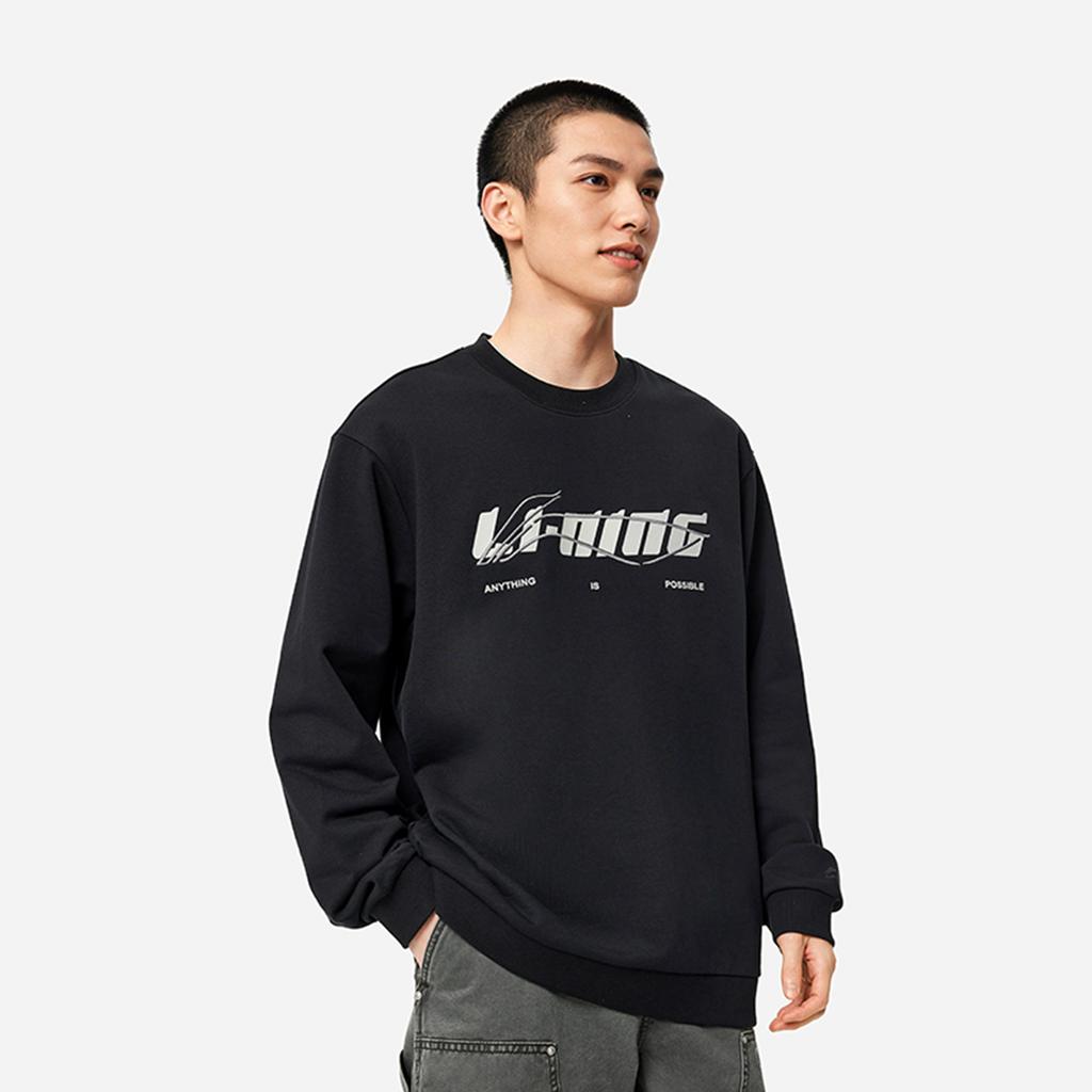 Li Ning Sports Lifestyle Series Round Neck Simple Loose Versatile Comfortable Letter Casual Sweatshirt Unisex Sweatshirt Black AWDVF77-2