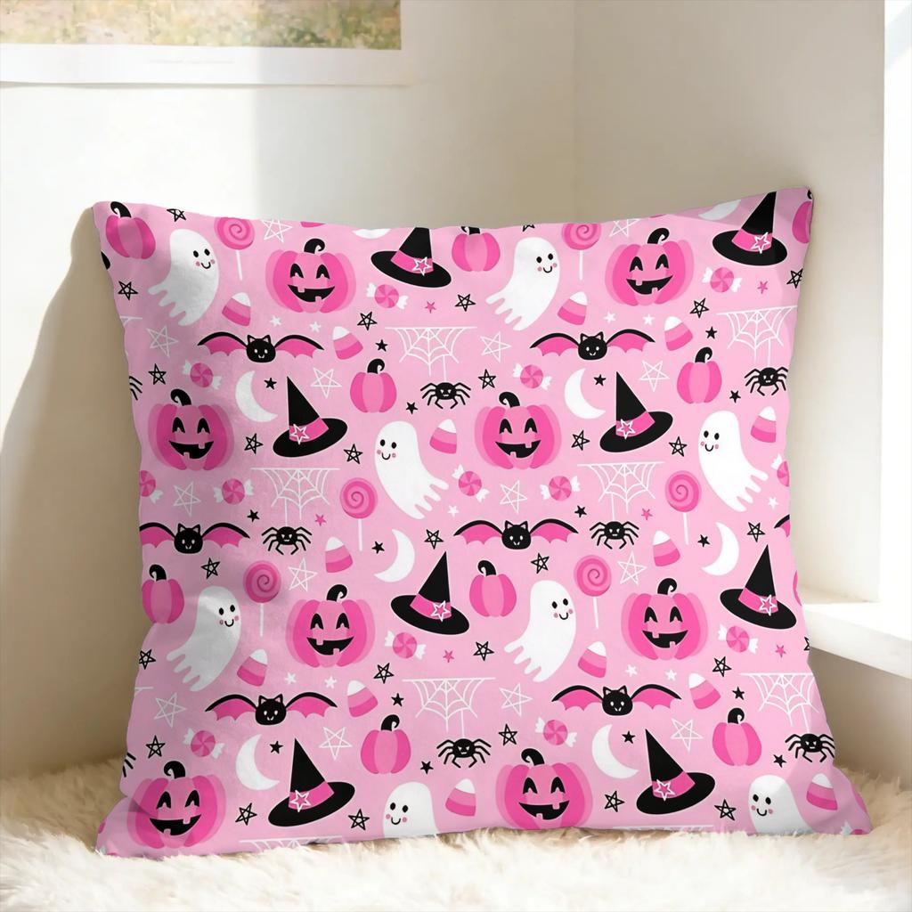 Pink Coquette Ghost Halloween Pillowcases Retro Trendy Pillow Case For Sofa Car Home Decor Comfy Pillow Cover