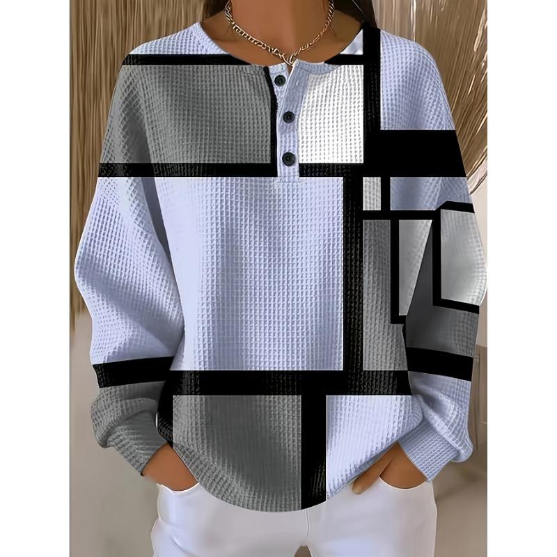 Women's European and American Style Long-Sleeve Waffle Top, Wide Collar, Printed, Casual Commuter Women's Long-Sleeve T-Shirt