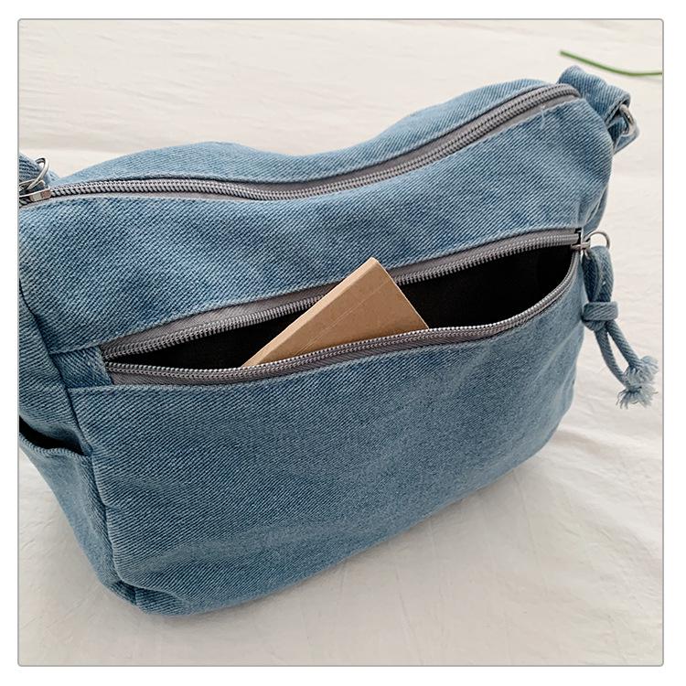 Retro Crossbody Washed Denim Multi-Zipper Small Commuter Bag