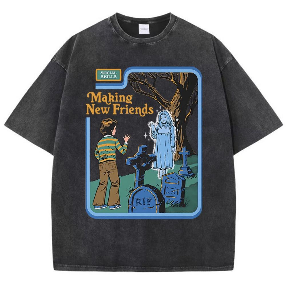 Social skills, making new friends, washed vintage women's T-shirt, hip hop breathable, casual loose fit