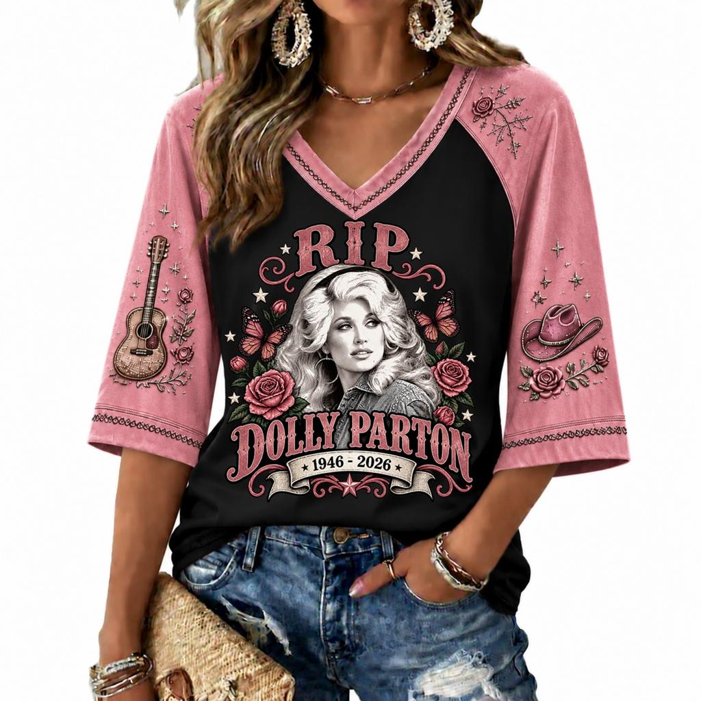 Women's V-Neck Raglan Sleeve Printed Lightweight Top for Spring and Summer