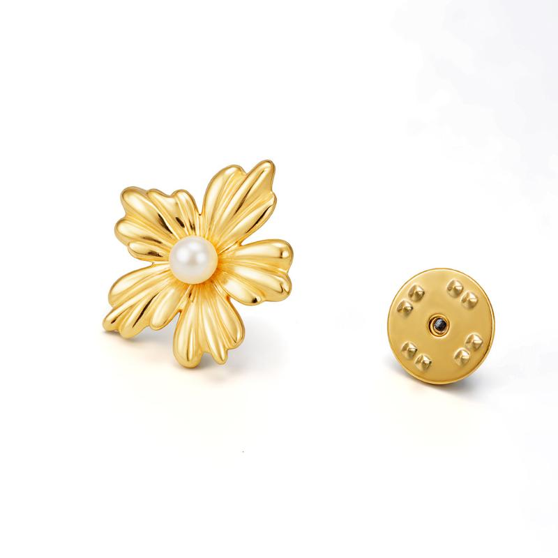 Womens Jewelry Four Petal Flower Brooch French Style Stainless Steel Gold Color Trendy Pin for Wedding Office Gift