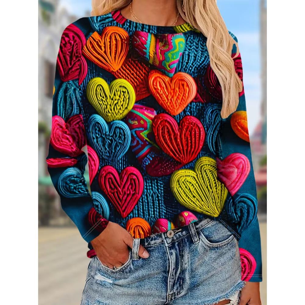 Mode Automnale Confortable Décontractée Polyvalente Ample pour Femmes T-shirts à Manches Longues Imprimés Multicolores à Col Rond
