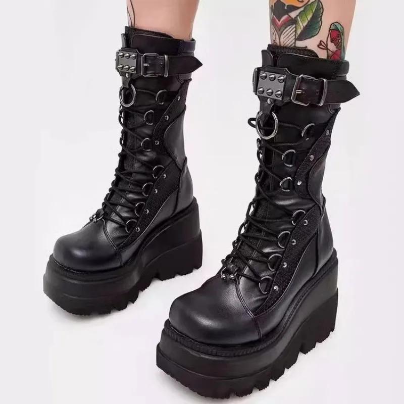 Fashion 2025 Autumn Platform Mid-calf Boots 9.5CM High Heels Women Thick Sole Winter Leather Punk Shoes Chunky Motorcycle Boots Woman