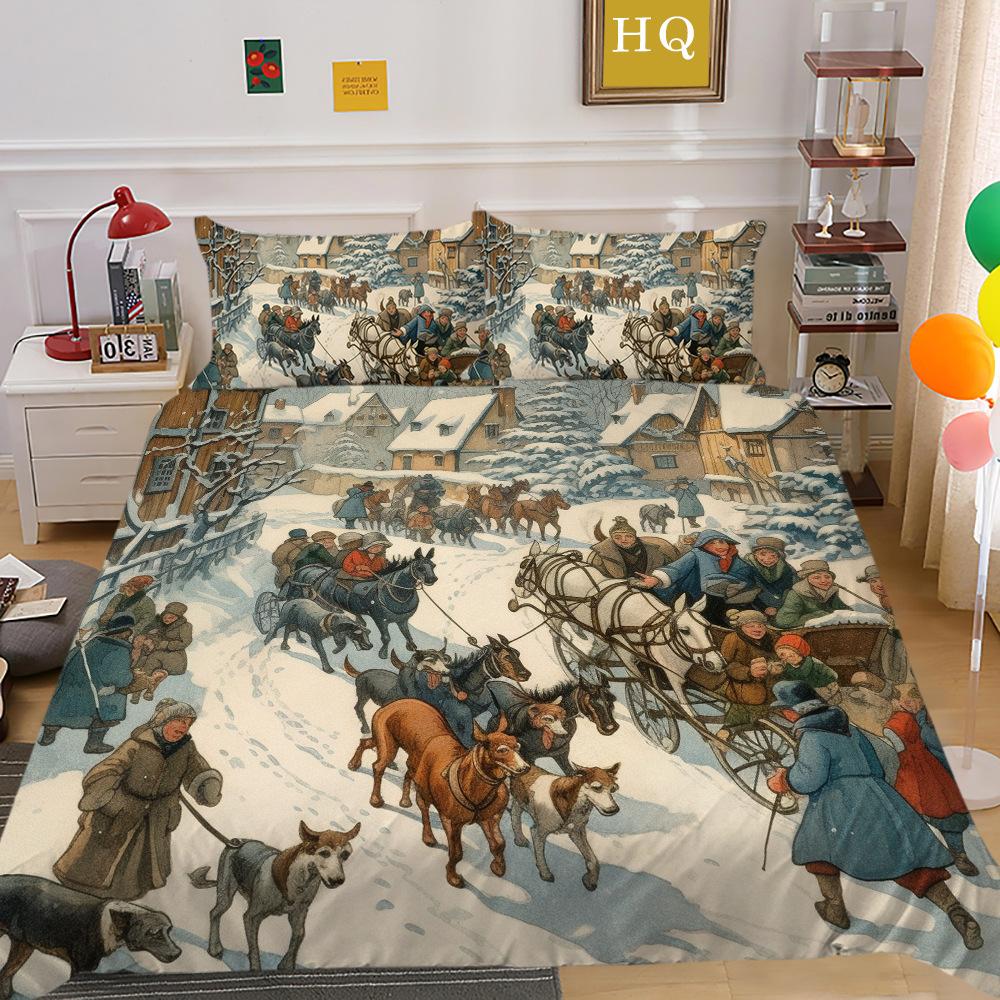 Christmas Carriage Snow Scene 3D Printed Polyester Pillowcase Quilt Cover Two Or Three-Piece Set Can Be