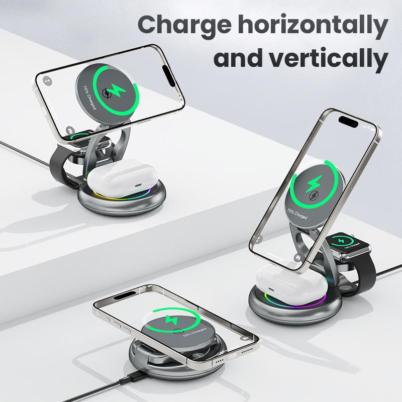 4 in 1 Foldable Magnetic 15W Wireless Charger Station with LED Ambient Light for iPhone 15 14 13 Pro/Max/Plus and Apple Watch