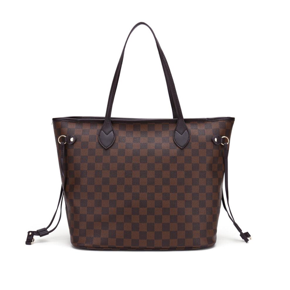 (Coffee) Women Checkered Tote Shoulder Bag Purse PU Leather Handbag Bag With Inner Pouch