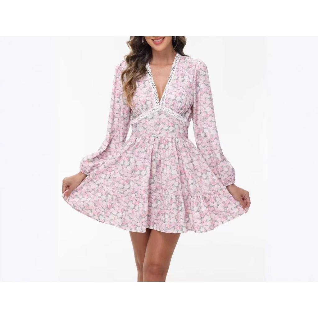 Spring New Women's Sweet Elegant Printed V-Neck Lace Short Mini Dress, European & American Style Casual Party Dress for Women