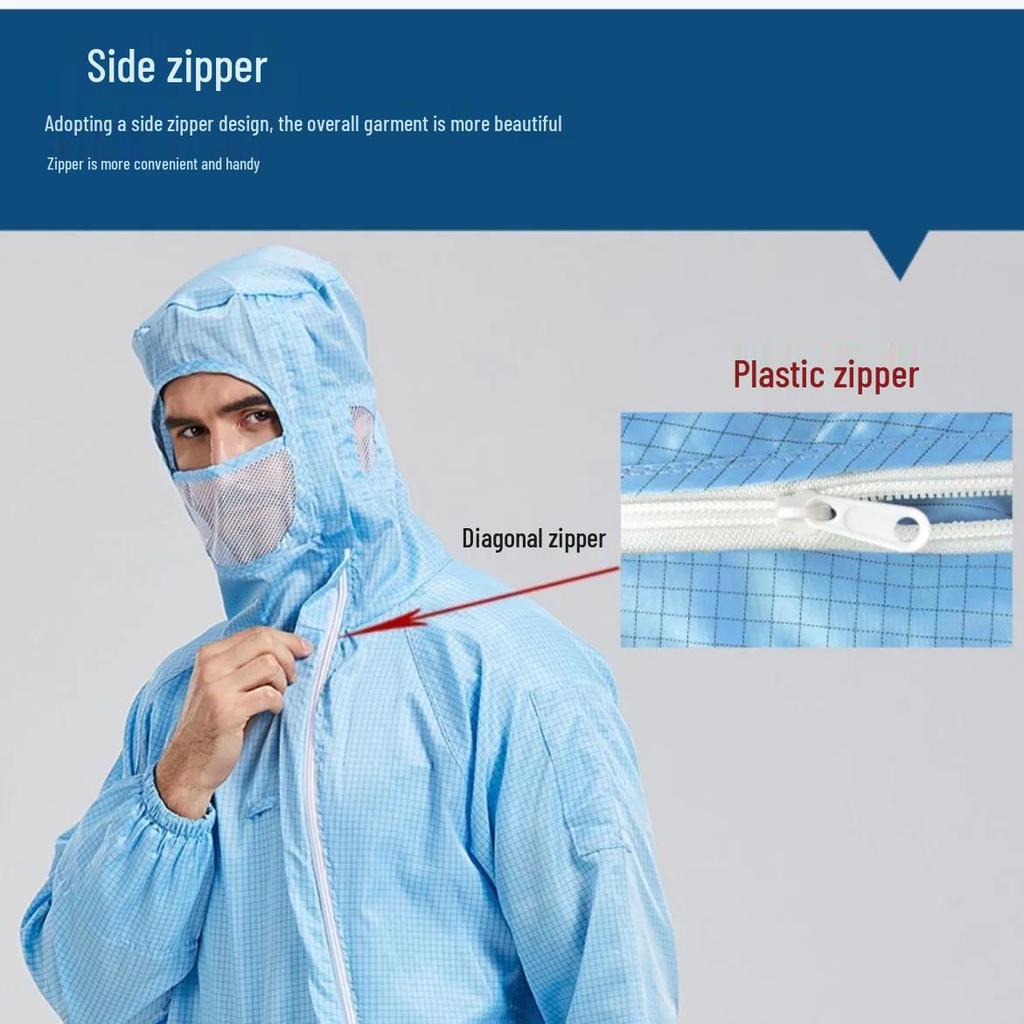 Costum Antistatic pentru Cameră Curată Clasa 100 cu Fermoar Diagonal, Alb/Albastru