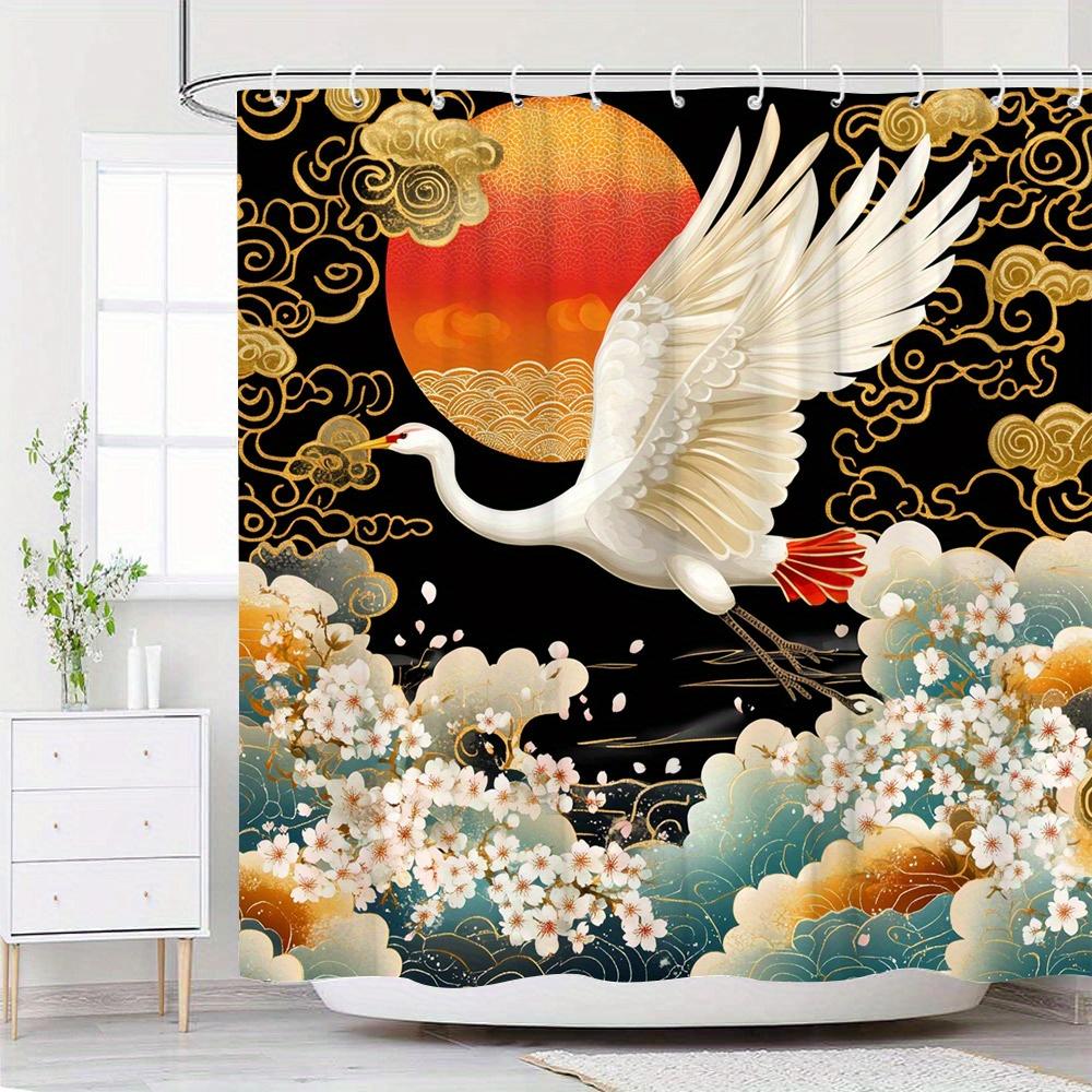 

1Pc Japanese Art Inspired Polyester Shower Curtain, Vibrant Sunset Stylized Waves, Washable, 12 Hooks, 70*70 Inches 90x180cm