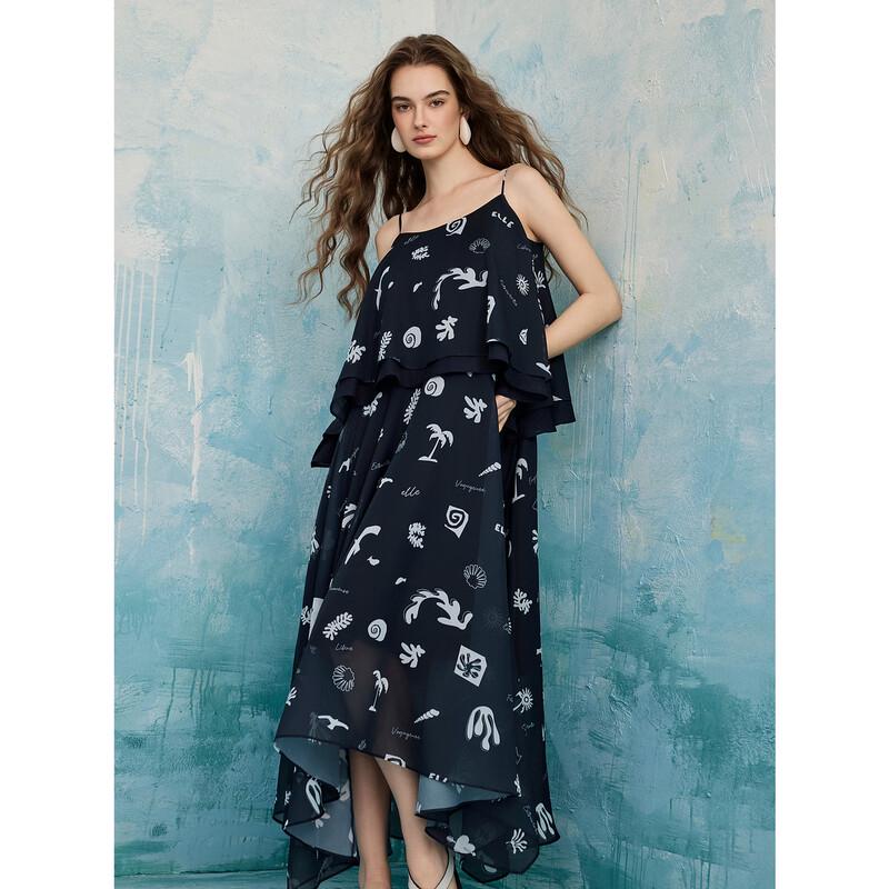 ELLE Women's Ruffle Print Chiffon Strap Maxi Dress