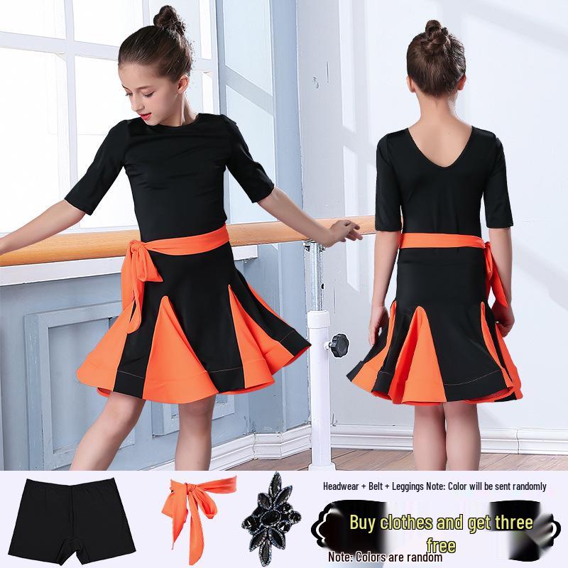 Girls' Short-Sleeve Latin Dance Skirt – Spring/Summer Competition and Practice Costume