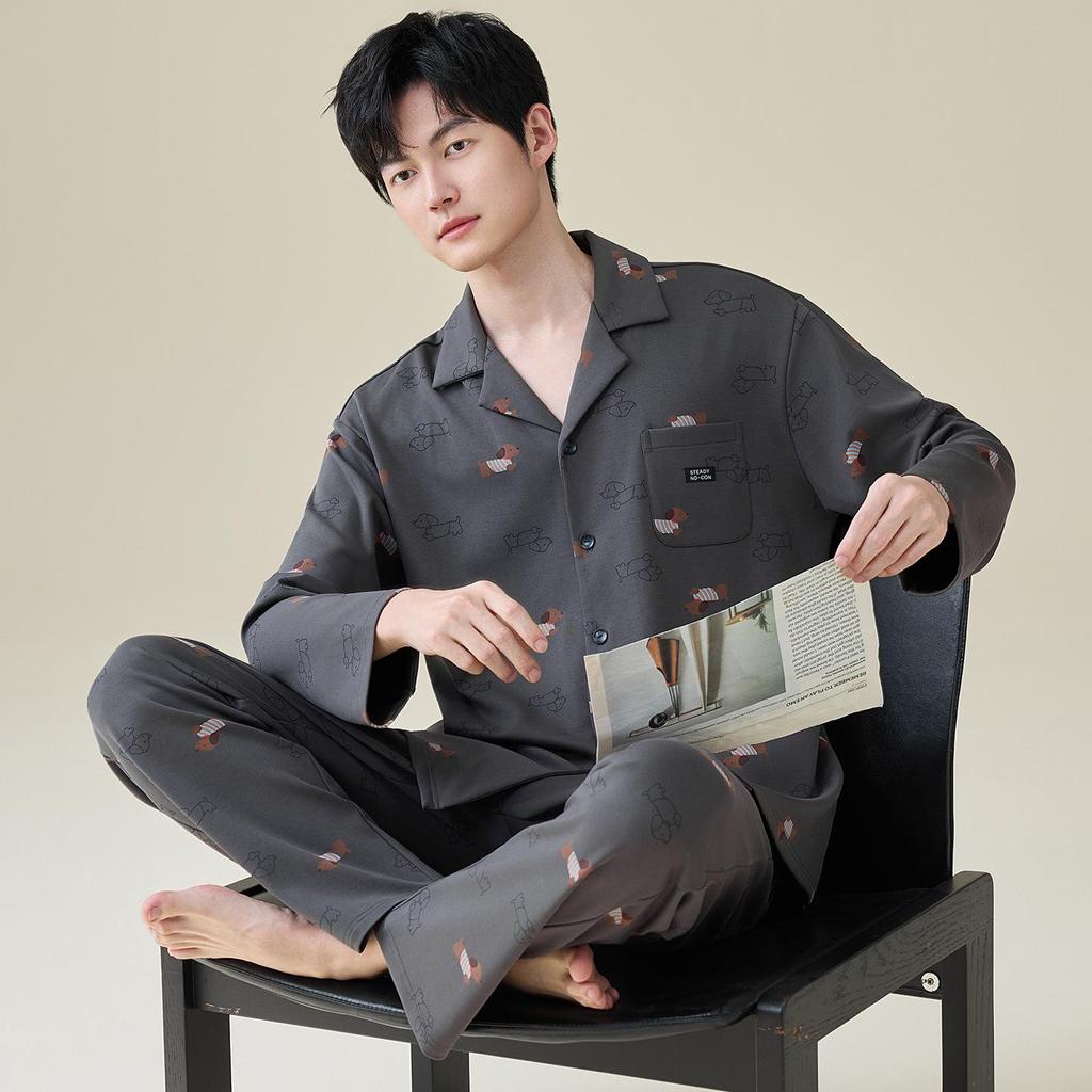 Men's 100% Cotton Striped Long Sleeve Pajamas - Trendy Korean Style for Spring