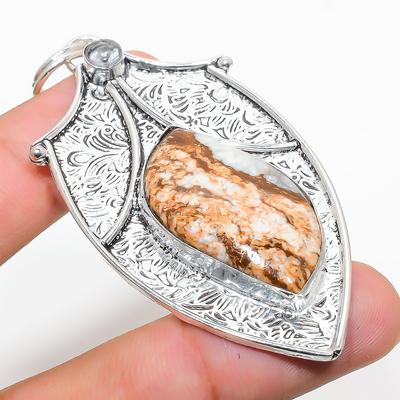 Natural Picture Jasper, White Topaz 925 Sterling Silver Pendant 2.96" a0E91