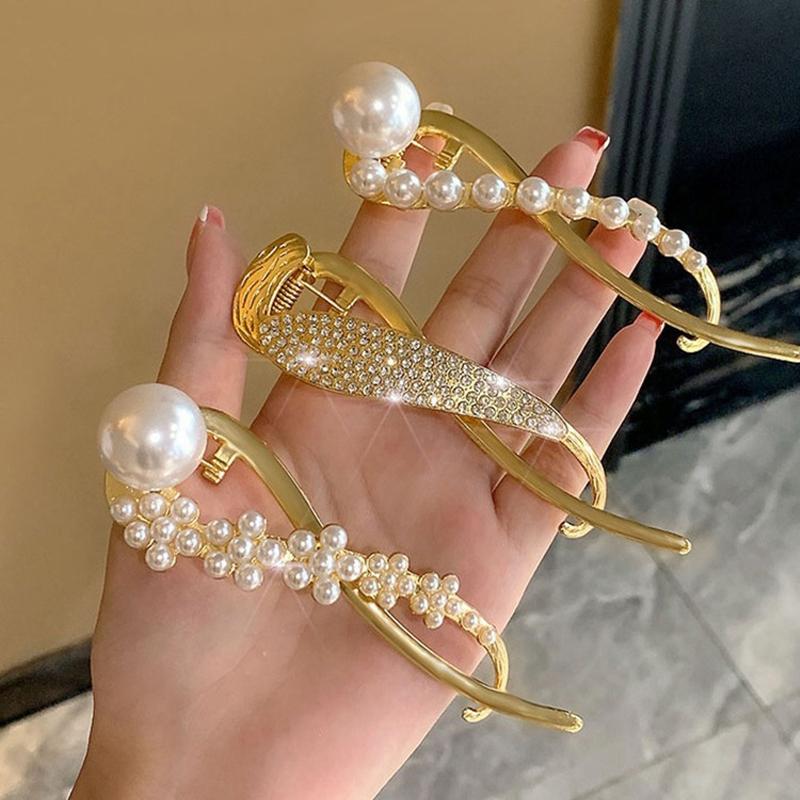 Elegant S Shape Pearl Hair Claw Clip for Women Hair Bun Hairpin Headwear Rhinestone Metal Barrettes Banana Twist Clips Jewelry