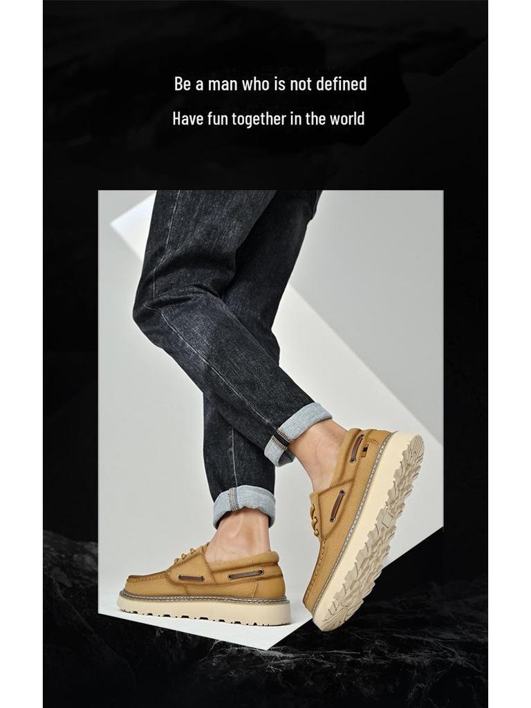 Men's Casual Thick-Soled Leather Lace-Up Boat Shoes, Size 46