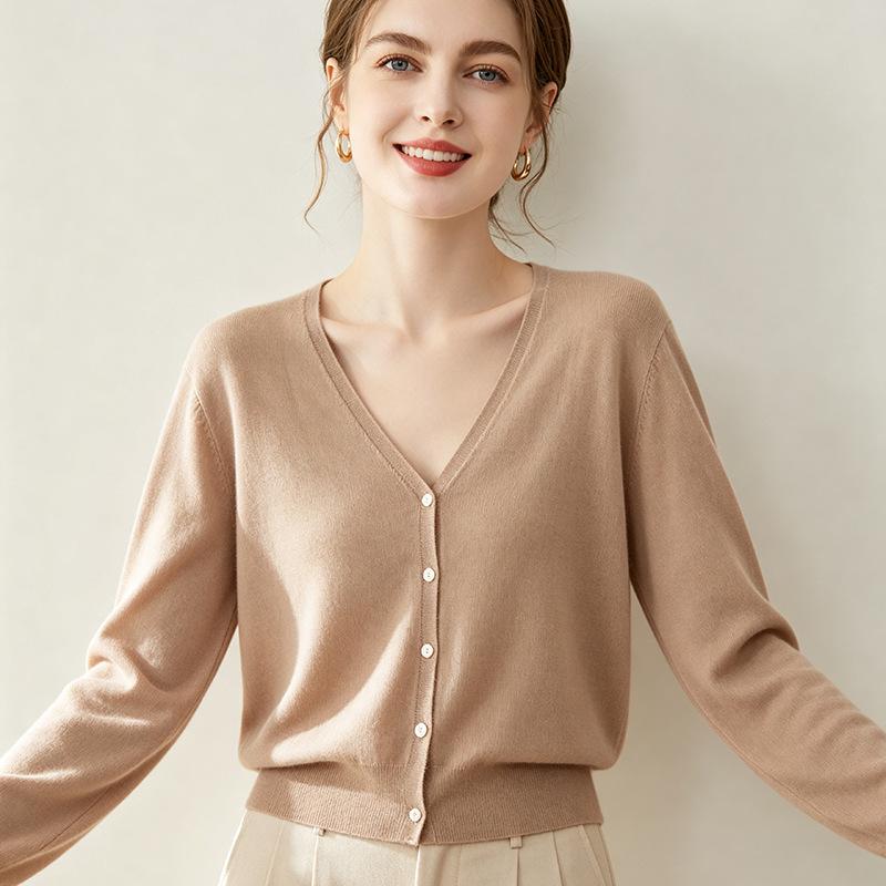 Leka Sha Women's 100% Fine Wool V-Neck Knit Cardigan, Long Sleeve Loose Sweater