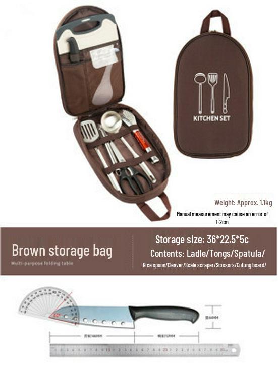 Portable Outdoor Cookware Set: Stainless Steel Cutlery, Storage Bag, and Cutting Board for Camping and Picnics.