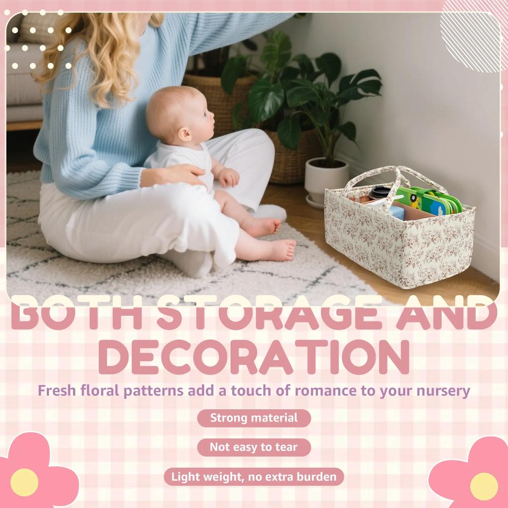 Floral Diaper Caddy Organizer with Handles and Removable Dividers Portable Nursery Storage Basket Versatile Baby Storage Basket