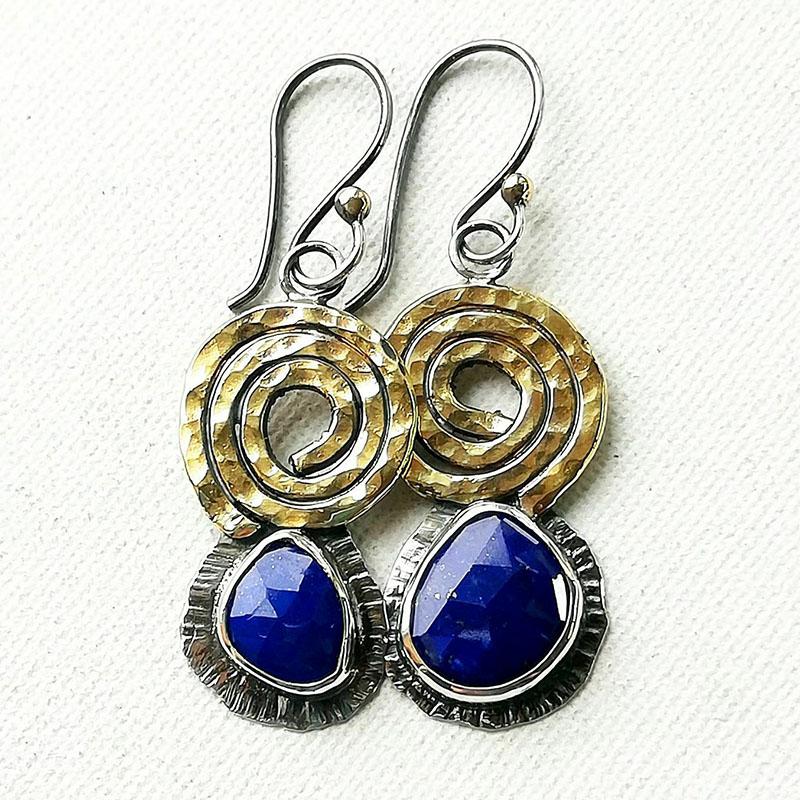 Water Droplets Blue Stone Earrings Asymmetrical Jewelry Metal Engraved Stripes Two Tone Whirl Spiral Hook Earrings for Women