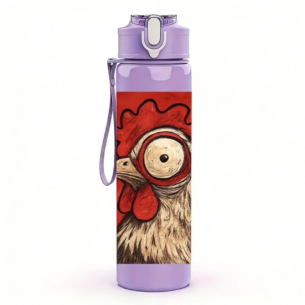 1PC Vintage Rooster Portrait Art 750ml Color Plastic Sports Water Bottle Leakproof Flip Straw Lid Suitable for Sports Office Home Use