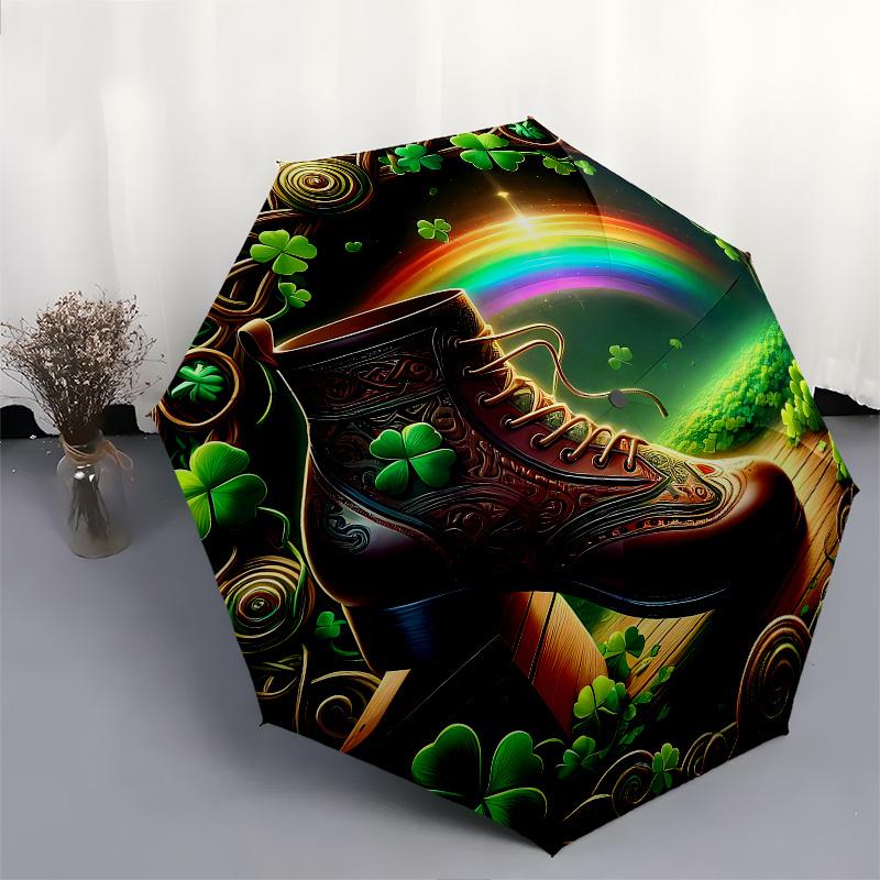 Irish Luck: Four-Leaf Clover Embroidered Boot Decor Umbrella, Cute Umbrella with Cute Design, Portable 3-Fold Compact Umbrella for Men & Women, Valent
