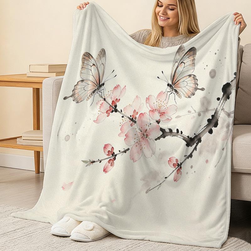 Soft High-Density Flannel Fleece Blanket, Ink Butterfly & Flower Pattern, Warm Cozy Home Decor for Halloween & Christmas