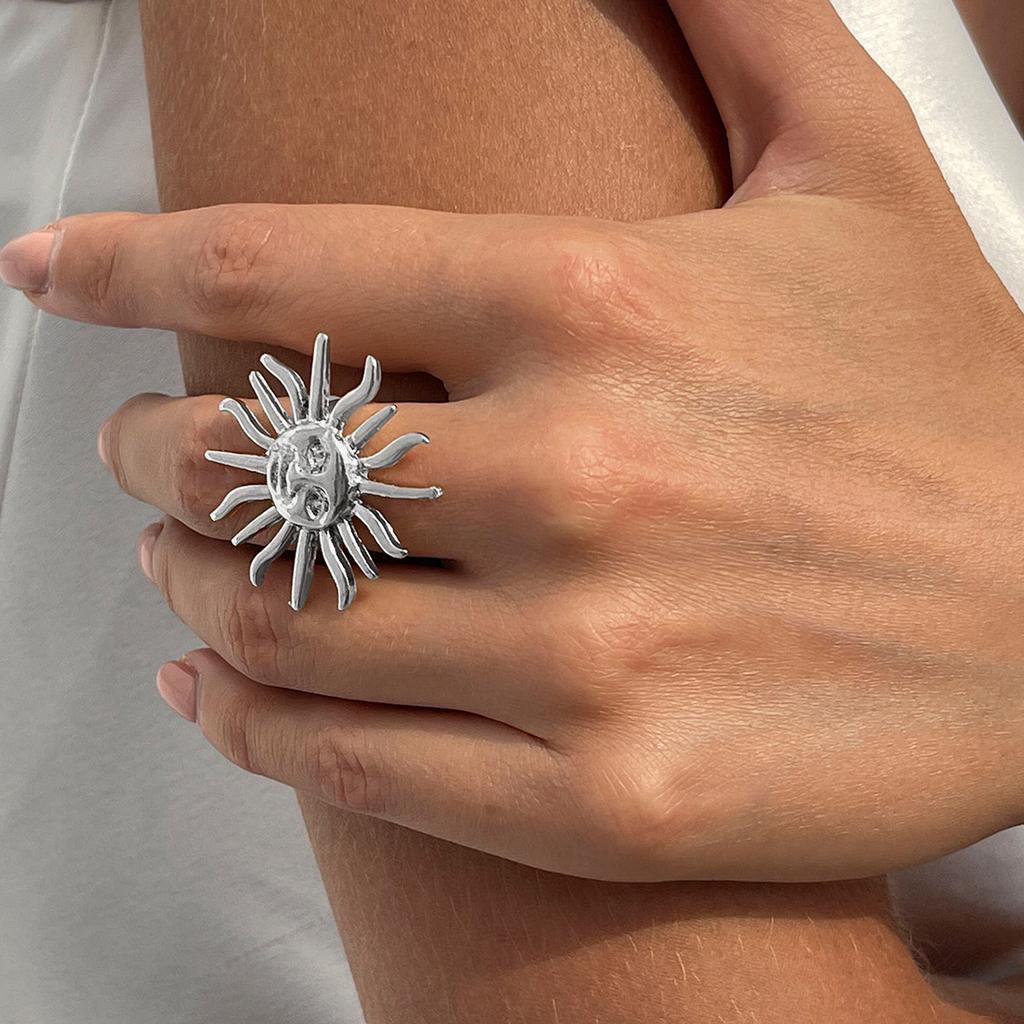 Set de inele din aliaj de soare cu față exagerată, inele geometrice reglabile, pentru plajă, personalizate, inele pentru femei pentru navetiști.