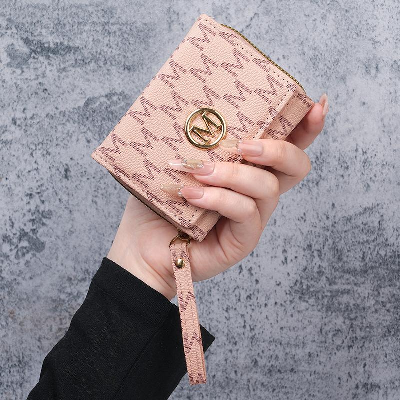 

New style women s wallet, short, European and American PU high-end coin purse, printed, multi-card slots, small wallet, money cl рожевий