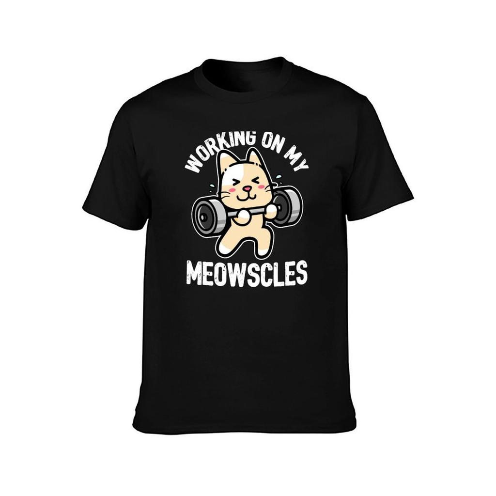Working on my Meowscles Funny Cat Gym Workout Pun TShirt Plus Size Workout Short Sleeve Top