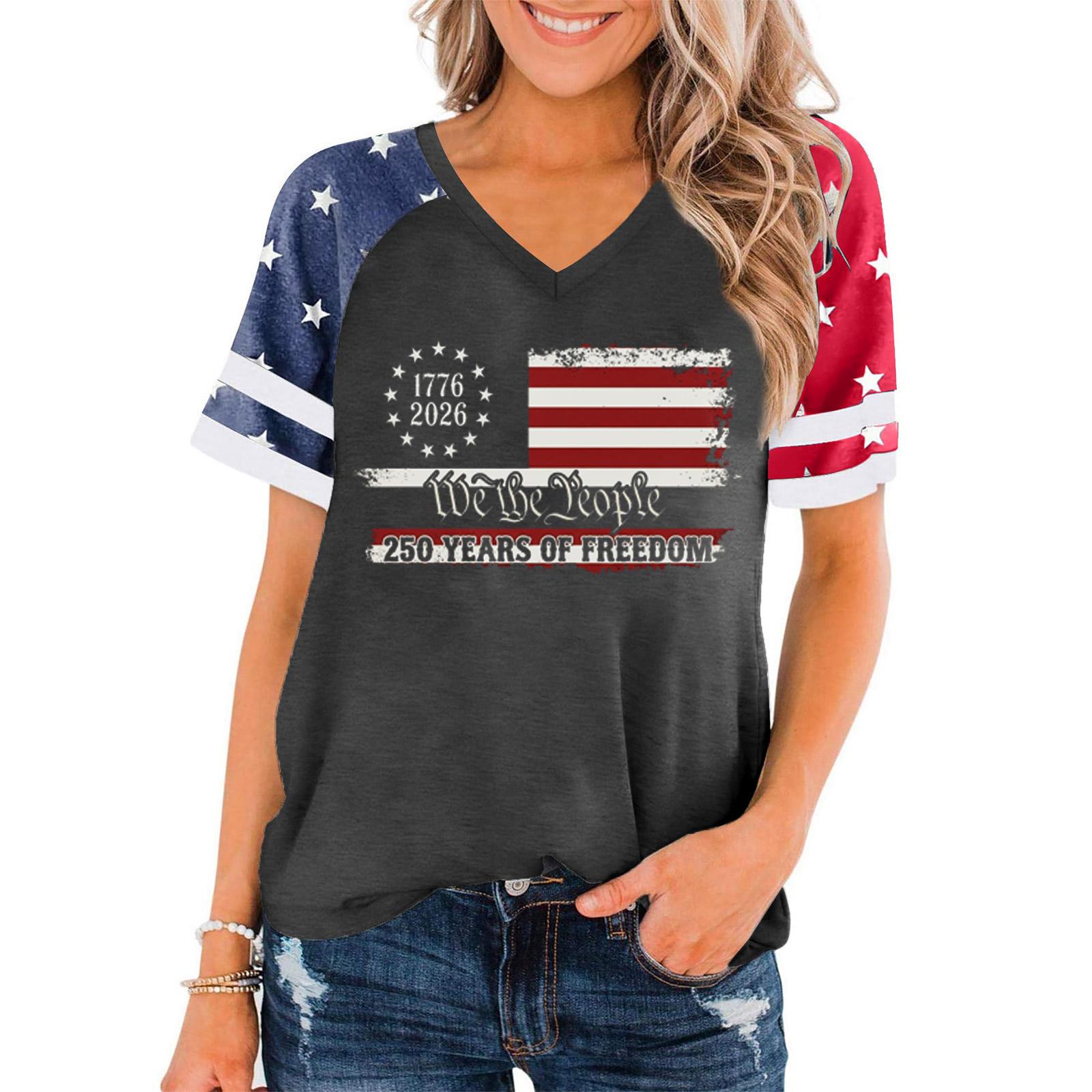 

Women V Neck Short Sleeve Pullover T Shirt Casual Loose Fit Patriotic Graphic Tee for Independence Day Celebration and Everyday Wear S